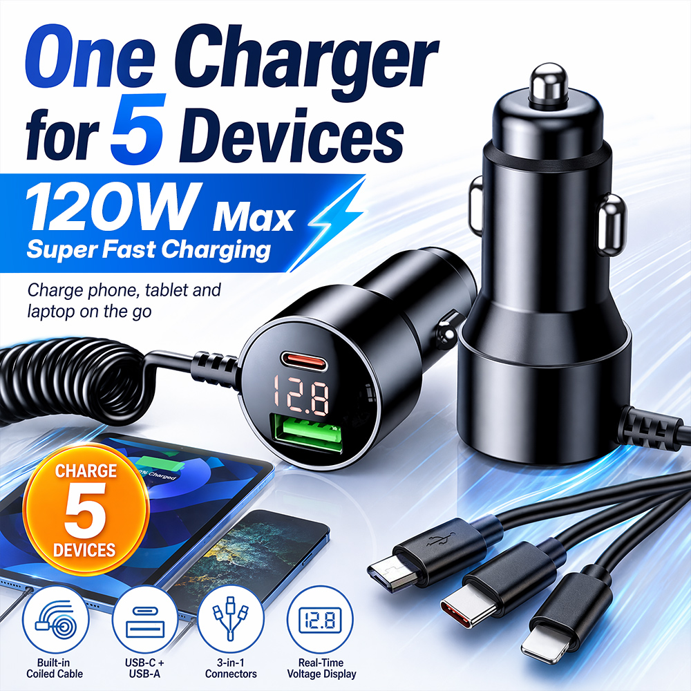Laptop Accessories Essential - 120W Multi Port Car Charger Built-In